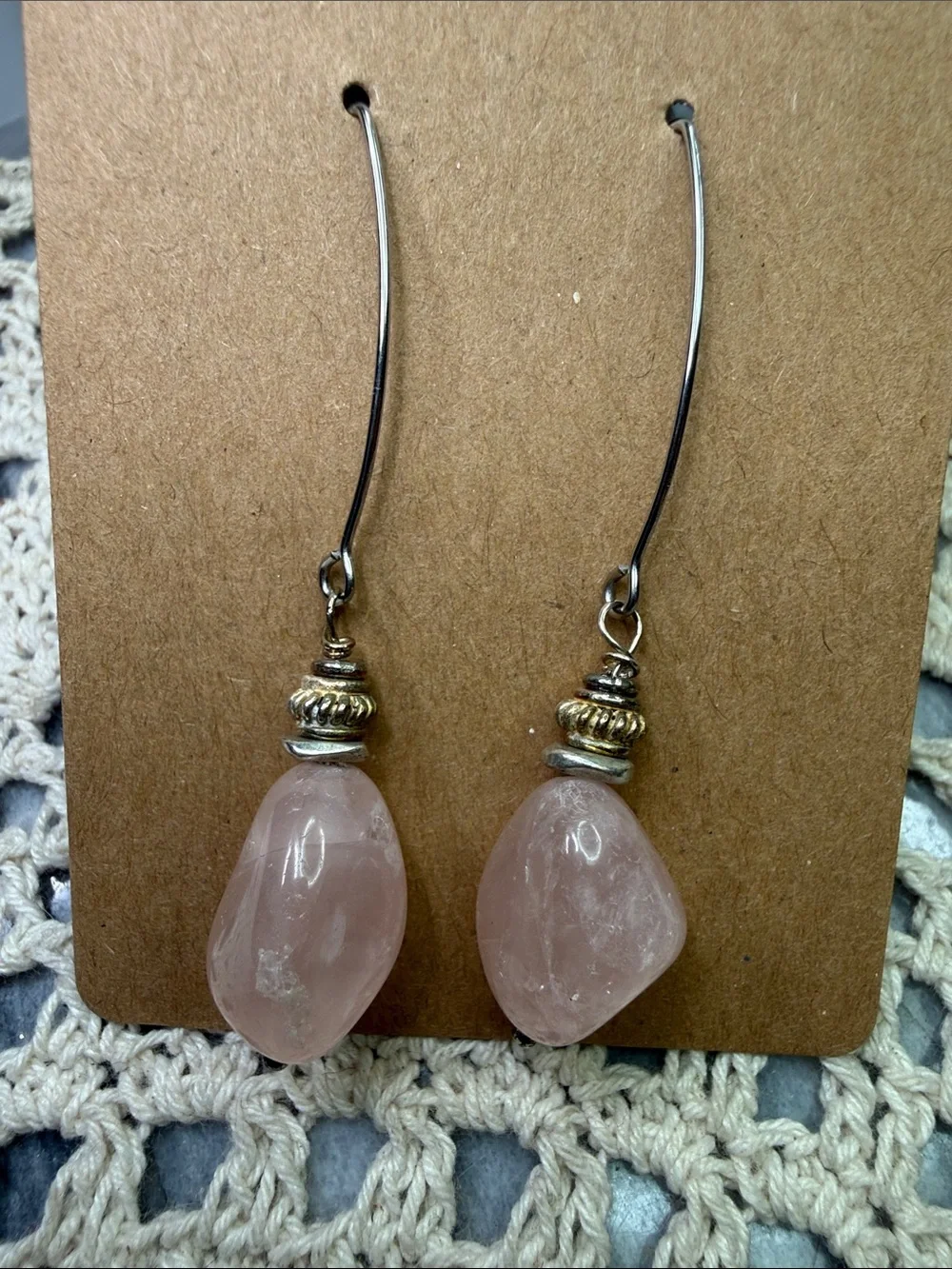 Handcrafted Rose Quartz Drop Earrings - Pink Gemstone Dangles